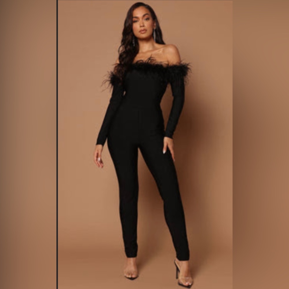 Feather Trim Black Jumpsuit